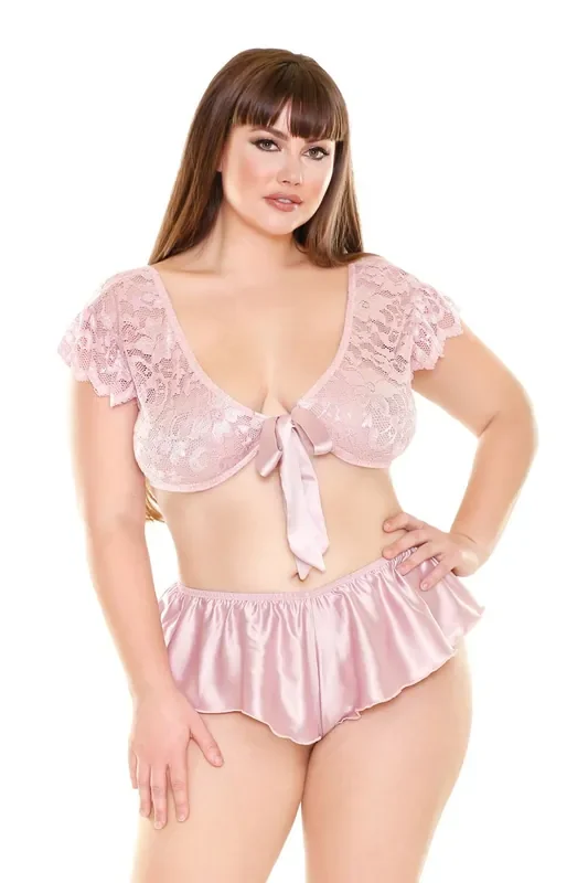 Spitzen-Set mit gebundenem Oberteil – Rosa