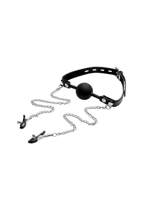 Strict Silicone Ball Gag with Nipple Clamps Ballknebel mit Nippelklemmen, schwarz