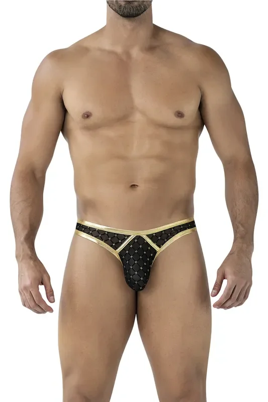 String aus Netzmaterial mit Karomuster – Schwarz/Gold