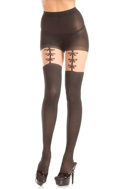 Strumpfhose mit Strumpfhalter-Look und Schleifen