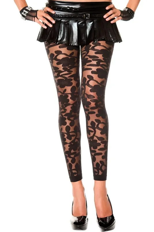 Transparente Leggings mit Blumendesign – Schwarz