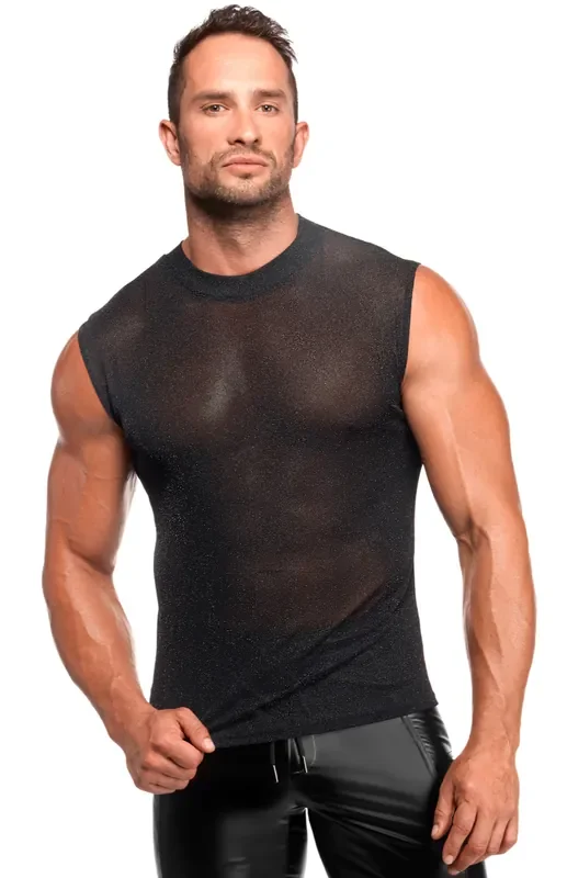 Transparentes Tüll-Tanktop mit silbernem Schimmer – Schwarz