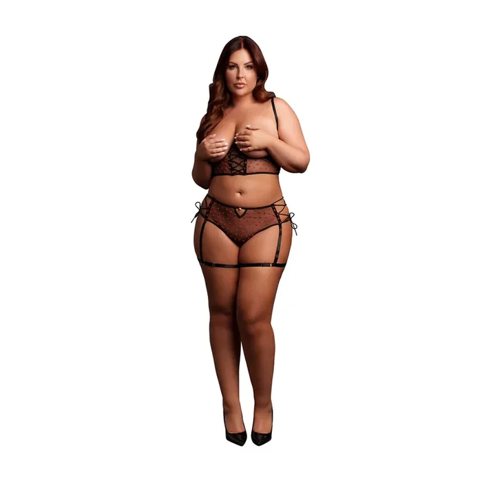 Two Piece Set with Underwired Open-Cup Bra and Panty with Laced Up Details – Plus Size – Black