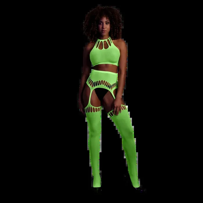 Two Piece with Crop Top and Stockings – One Size – Neon Green