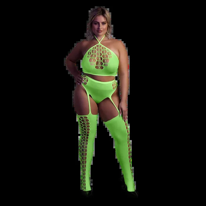 Two Piece with Crop Top and Stockings – Plus Size – Neon Green