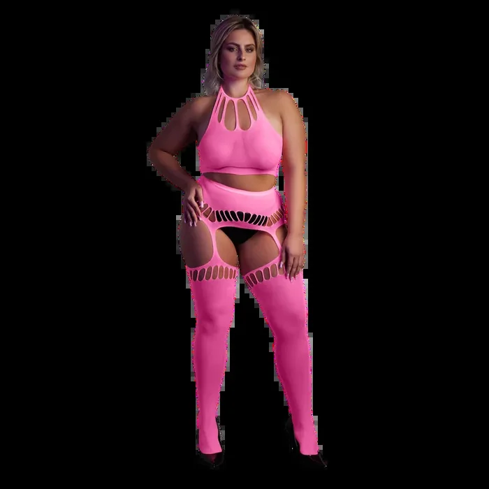 Two Piece with Crop Top and Stockings – Plus Size – Neon Pink