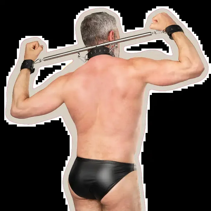 Verstellbare Spreizstange mit Hals- und Handfesseln – Schwarz/Silber