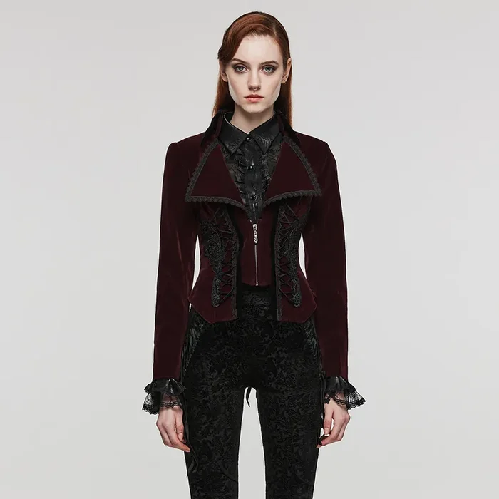 Victorian Gothic – Rotes Samtjackett mit Spitzen- und Schnürdetail