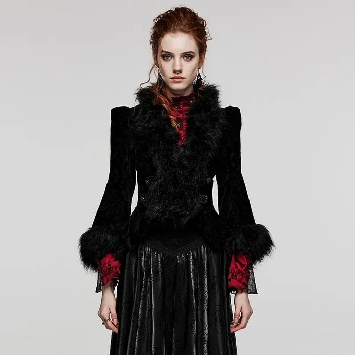 Victorian Gothic – Schwarze Samtjacke mit Ornamentprägung