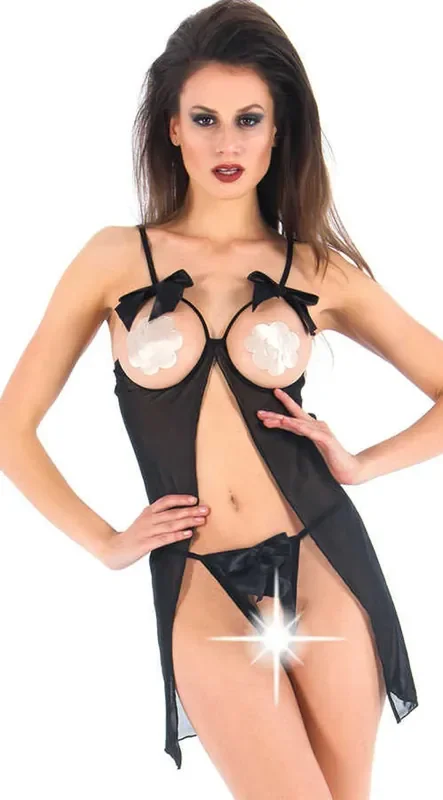 Vixson langes Netz-Babydoll Set mit offenen Körbchen – schwarz