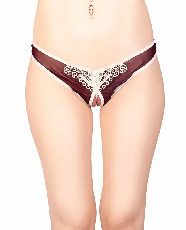 Vixson ouvert Slips mit Spitze und Perlenkette – lila/cremefarben