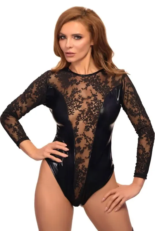 Wetlook-Body mit floraler Spitze – Schwarz