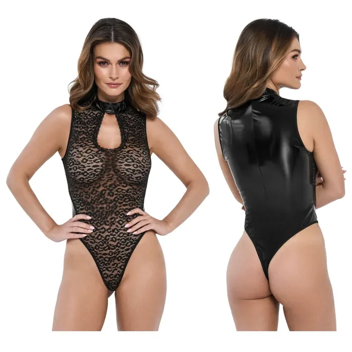 Wetlook-Body mit Wildkatzenmuster – Schwarz