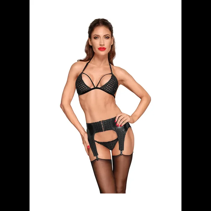 Wetlook checkered garterbelt – Black