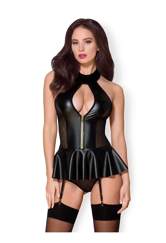 Wetlook Corset & Thong schwarz