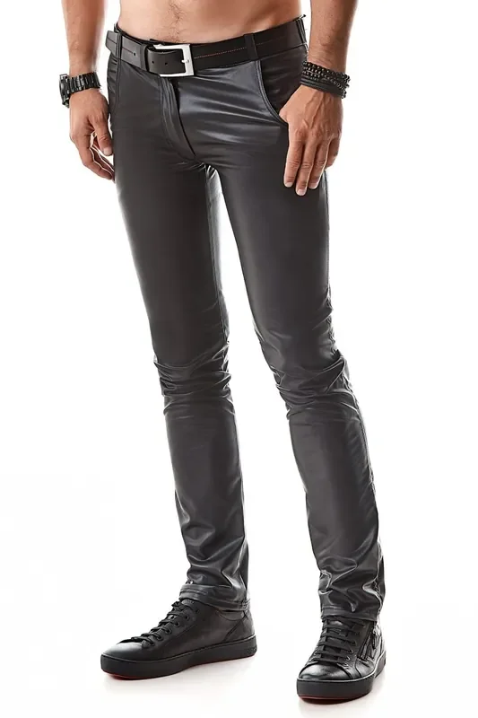 Wetlook Herren-Hose Slim-Fit Gürtelschnallen