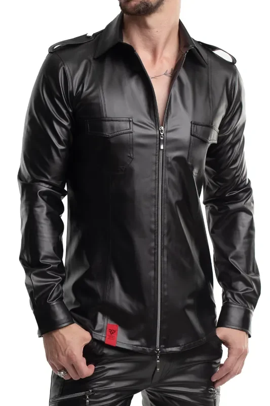 Wetlook Langarmhemd mit 2 Brusttaschen – Schwarz
