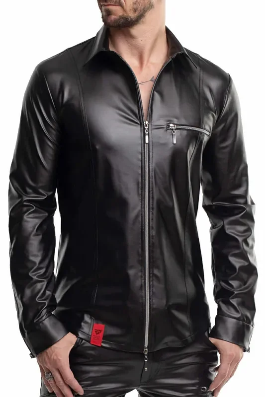 Wetlook Langarmshirt mit Brusttasche – Schwarz