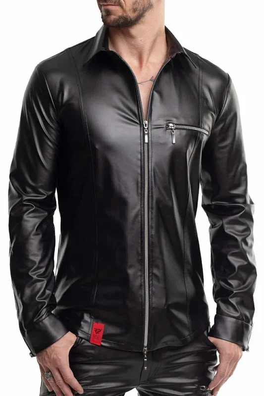 Wetlook Langarmshirt mit Brusttasche – Schwarz