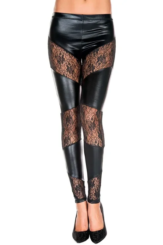 Wetlook Leggings mit Spitzeneinsätzen SCHWARZ