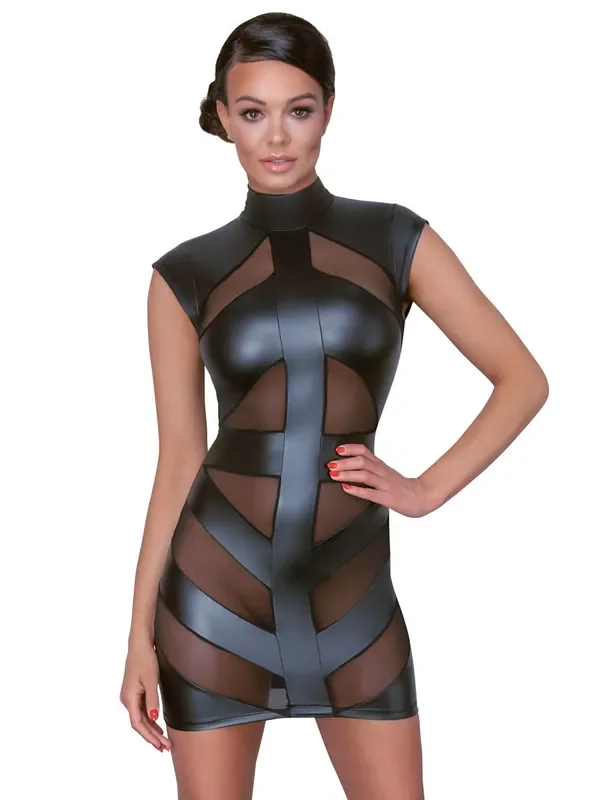 Wetlook-Netzminikleid,schwarz
