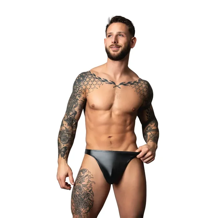 Wetlook-Stringtanga – S/M – Schwarz