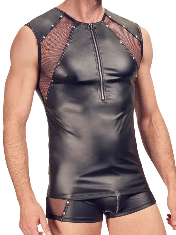 Wetlook-Tanktop mit Netzeinsatz und Zipper, schwarz