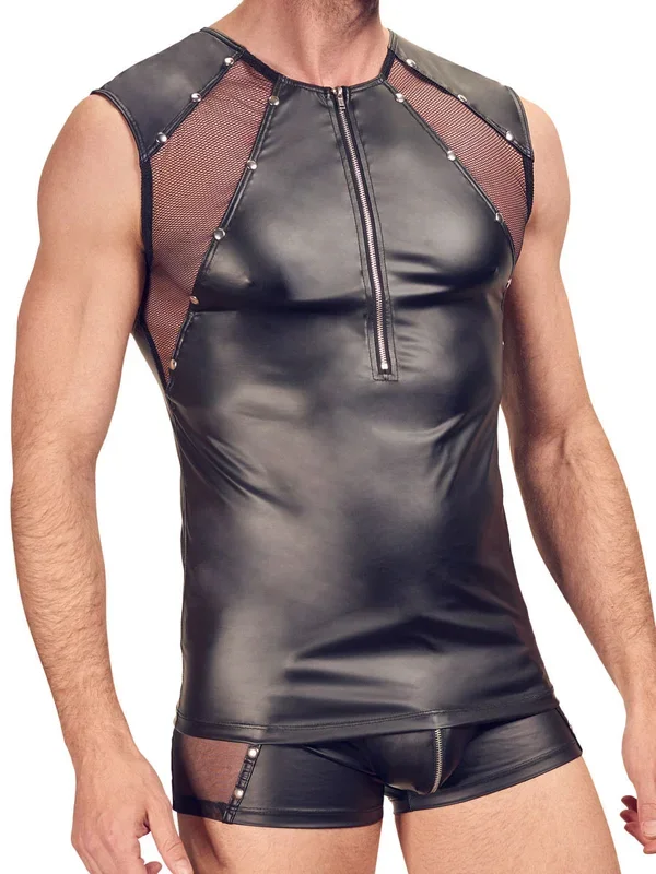 Wetlook-Tanktop mit Netzeinsatz und Zipper, schwarz