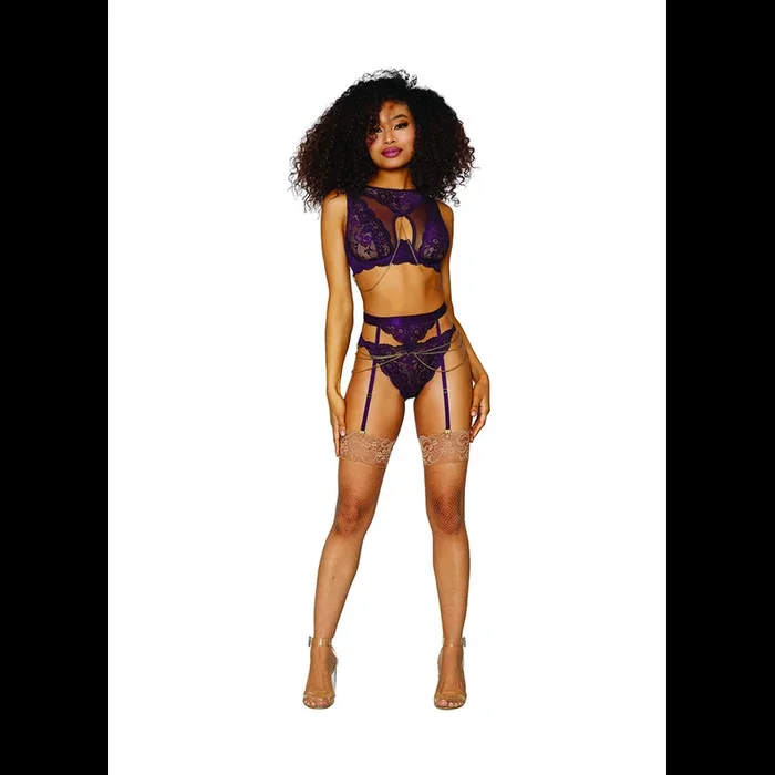 Women’s Lace and Mesh 3 Piece Set – M – Aubergine