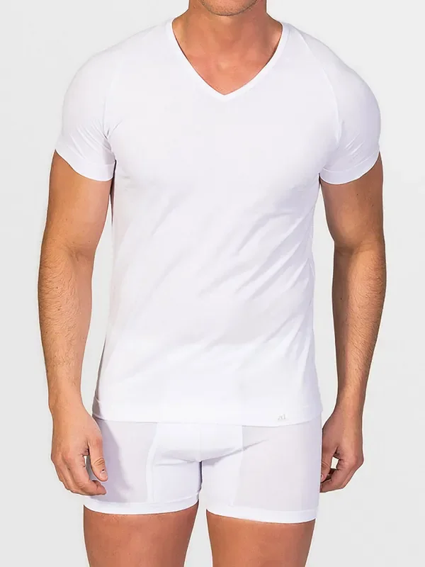 Zero Defects Ranglan Egyptian Cotton V-Neck-Shirt, weiß